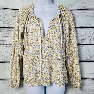 Billabong Women’s Small Peasant Top Yellow Floral Boho Crinkle Cotton Blouse Tie
